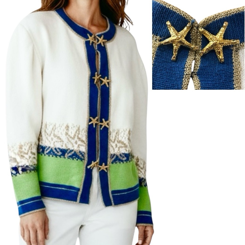 Bloomingdale’s Vintage Cardigan Nautica Starfish Gold Trim & Closures Sweater S